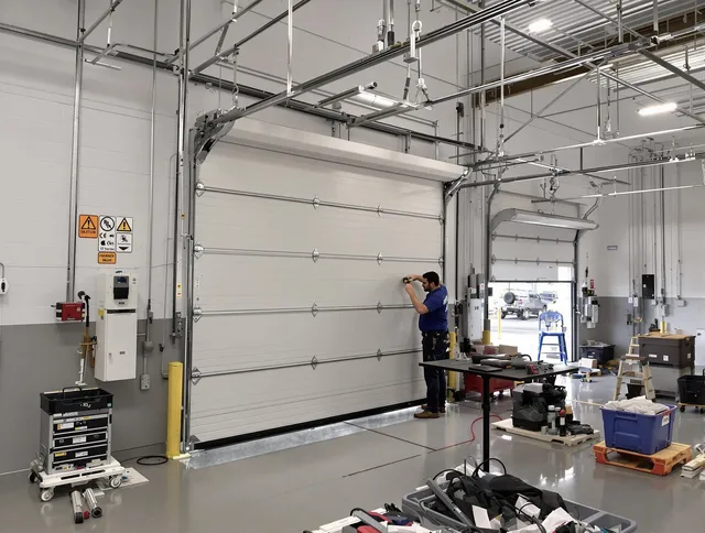 Commercial garage door repair being performed by Waxhaw Garage Door Repair expert in Waxhaw