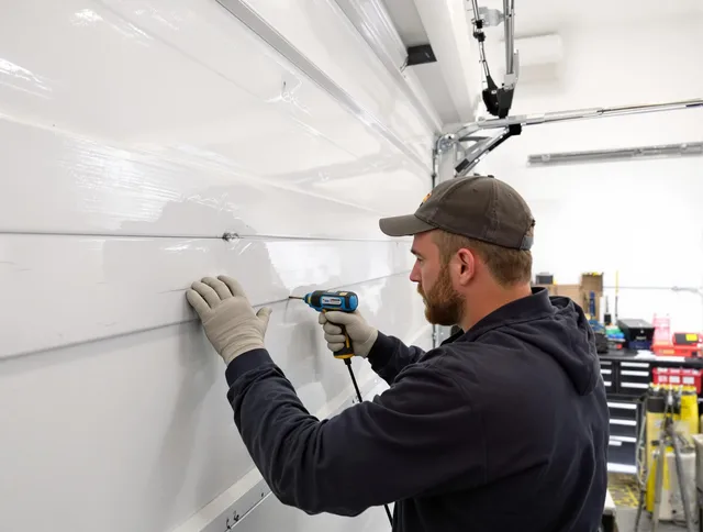 Waxhaw Garage Door Repair technician demonstrating precision dent removal techniques on a Waxhaw garage door