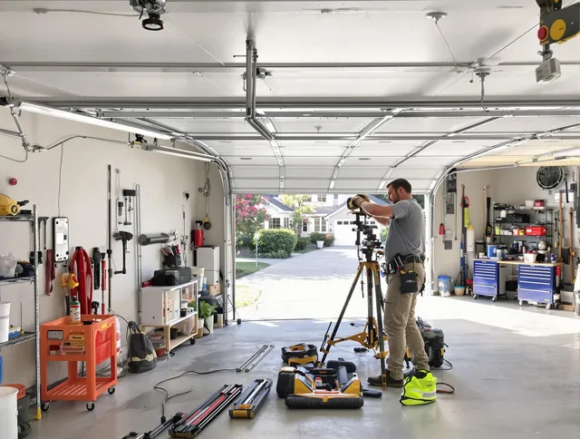 Waxhaw Garage Door Repair specialist performing laser-guided track alignment in Waxhaw